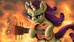 Size: 2500x1421 | Tagged: safe, artist:trojan-pony, rarity, pony, unicorn, honest apple, acoustic guitar, badass, bipedal, curved horn, eyeshadow, female, fire, gritted teeth, guitar, guitarity, makeup, mare, scene interpretation, serious, serious face, solo