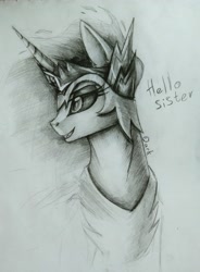 Size: 2975x4032 | Tagged: safe, artist:dark lightning, daybreaker, pony, a royal problem, absurd resolution, grayscale, grin, monochrome, smiling, solo, traditional art