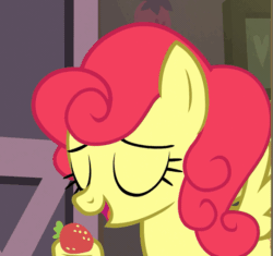 Size: 541x508 | Tagged: safe, screencap, strawberry sunrise, pegasus, pony, honest apple, animated, cropped, eating, female, food, gif, shit eating grin, solo, strawberry, swallowing