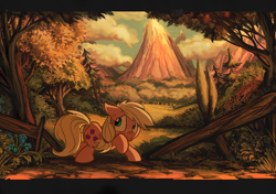 Size: 966x679 | Tagged: safe, artist:jowyb, applejack, earth pony, pony, evening, fence, floppy ears, forest, hatless, missing accessory, mountain, scared, scenery, solo, younger