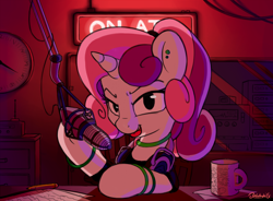 Size: 1250x922 | Tagged: safe, artist:bobdude0, sweetie belle, pony, unicorn, clothes, cup, ear piercing, female, mare, microphone, older, piercing, radio, smiling, solo