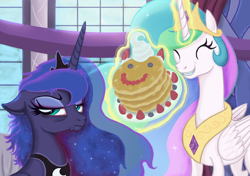 Size: 800x564 | Tagged: safe, artist:mystic2u, princess celestia, princess luna, alicorn, pony, a royal problem, bags under eyes, cute, cutelestia, food, frazzled, grumpy, grumpy luna, luna is not amused, messy mane, pancakes, royal sisters, scene interpretation, smiling