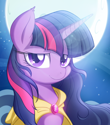 Size: 1400x1600 | Tagged: safe, artist:kyodashiro, twilight sparkle, twilight sparkle (alicorn), alicorn, pony, bedroom eyes, cape, clothes, cute, female, lens flare, lidded eyes, looking at you, mare, moon, night, portrait, sky, smiling, solo, stars, windswept mane