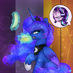 Size: 1024x1024 | Tagged: safe, artist:northlights8, princess luna, starlight glimmer, alicorn, pony, unicorn, a royal problem, banana, food, magic, telekinesis