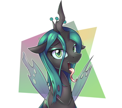 Size: 1700x1506 | Tagged: safe, artist:fanch1, queen chrysalis, changeling, changeling queen, abstract background, crown, female, horn, jewelry, looking at you, makeup, open mouth, regalia, solo, tongue out, wings