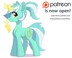 Size: 3000x2400 | Tagged: safe, artist:fensu-san, lyra heartstrings, pony, advertisement, hand, magic, magic hands, patreon, patreon logo, peace sign, simple background, solo, white background