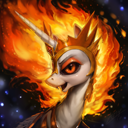 Size: 1080x1080 | Tagged: safe, artist:assasinmonkey, daybreaker, alicorn, pony, a royal problem, bust, color porn, female, fire, looking at you, open mouth, portrait, realistic, smiling, solo