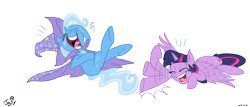 Size: 2480x1066 | Tagged: safe, artist:jowyb, trixie, twilight sparkle, twilight sparkle (alicorn), alicorn, pony, female, laughing, laughingmares.jpg, mare, simple background, transparent background