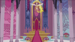 Size: 600x337 | Tagged: safe, screencap, daybreaker, nightmare moon, alicorn, pony, a royal problem, animated, fire, gif, mane of fire, stained glass, throne, throne room