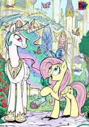 Size: 617x874 | Tagged: safe, artist:jowyb, fluttershy, princess celestia, alicorn, butterfly, pegasus, pony, canterlot, canterlot gardens, eye contact, garden, open mouth, party cannon, raised hoof, smiling