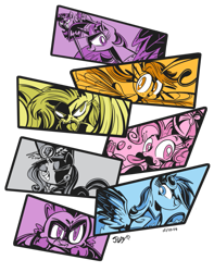 Size: 793x1008 | Tagged: safe, artist:jowyb, applejack, fluttershy, gummy, humdrum, pinkie pie, rainbow dash, rarity, spike, twilight sparkle, twilight sparkle (alicorn), alicorn, dragon, earth pony, pegasus, pony, unicorn, bats!, it ain't easy being breezies, power ponies (episode), princess twilight sparkle (episode), ancient wonderbolts uniform, clothes, female, flutterbat, mane seven, mane six, mare, moustache, power ponies, scepter, sgt. rarity, tongue out, twilight scepter, uniform