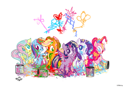 Size: 2480x1767 | Tagged: safe, artist:jowyb, applejack, fluttershy, pinkie pie, rainbow dash, rarity, twilight sparkle, twilight sparkle (alicorn), alicorn, earth pony, pegasus, pony, unicorn, female, keys of harmony, mane six, mare, messy, paint, paint on fur, paint splatter, rainbow power