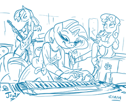 Size: 821x680 | Tagged: safe, artist:jowyb, applejack, rarity, sweetie belle, anthro, equestria girls, rainbow rocks, guitar, keyboard, sketch