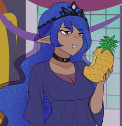 Size: 1250x1296 | Tagged: safe, artist:jonfawkes, princess luna, human, a royal problem, clothes, eating, elf ears, female, food, humanized, majestic as fuck, moderate dark skin, pineapple, scene interpretation, sleepy, solo, tired