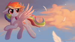 Size: 1920x1080 | Tagged: safe, artist:fensu-san, rainbow dash, pegasus, pony, cloud, cute, dashabetes, feather, female, floppy ears, flying, mare, solo, wallpaper