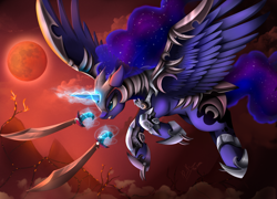 Size: 3262x2346 | Tagged: safe, artist:pridark, princess luna, alicorn, pony, armor, blood moon, commission, female, flying, mare, moon, protector, scimitar, solo, sword, warrior luna, weapon