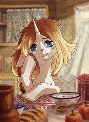 Size: 1395x1911 | Tagged: safe, artist:koviry, oc, oc only, oc:caroline sunshine, pony, unicorn, apple, bowl, bread, female, floppy ears, food, kitchen, looking at you, mare, spoon, sunlight