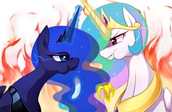 Size: 1549x1011 | Tagged: safe, artist:maren, princess celestia, princess luna, alicorn, pony, a royal problem, aweeg*, banana, crown, duo, eating, eye contact, faceoff, female, food, jewelry, looking at each other, magic, mare, peytral, regalia, royal sisters, simple background, telekinesis
