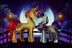 Size: 1024x691 | Tagged: safe, artist:das_leben, coloratura, oc, oc:bernard monroe, earth pony, pony, unicorn, bridge, canon x oc, clothes, female, full moon, looking at each other, male, mare, moon, night, smiling, stallion, straight