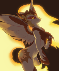 Size: 1440x1728 | Tagged: safe, artist:raikoh, daybreaker, alicorn, pony, semi-anthro, a royal problem, fangs, female, helmet, looking at you, mare, rearing, smiling, solo, spread wings, wings