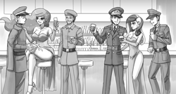 Size: 2000x1072 | Tagged: safe, artist:johnjoseco, princess cadance, princess celestia, human, alcohol, bar, barstool, beer, big breasts, breasts, cap, clothes, commissar, dress, drink, drinking, evening gloves, flirting, german empire, gloves, grayscale, hat, high heels, hips, humanized, japan, legs, long gloves, meeting, military uniform, monochrome, officer, peaked cap, princess breastia, russia, seductive, sexy, shy, side slit, smiling, smirk, soviet union, stupid sexy celestia, suit, syrian arab army, thighs, uniform