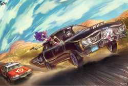 Size: 1270x856 | Tagged: safe, artist:jowyb, rarity, twilight sparkle, twilight sparkle (alicorn), oc, oc:sketchy, anthro, car, car chase, ford, ford crown victoria, lincoln (car), lincoln continental, plushie, police car, weapon