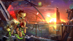 Size: 1920x1080 | Tagged: safe, artist:discordthege, applejack, earth pony, pony, city, clothes, cowboy hat, female, freckles, futuristic, hat, mare, scenery, scenery porn, snow, solo, stellaris, stetson