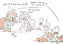 Size: 795x552 | Tagged: safe, artist:jowyb, applejack, pinkie pie, earth pony, pony, comparison, hogtied, rope, self ponidox, sketch