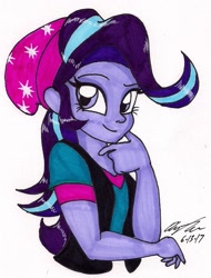 Size: 971x1278 | Tagged: safe, artist:newyorkx3, starlight glimmer, equestria girls, mirror magic, spoiler:eqg specials, beanie, clothes, female, hat, looking at you, signature, simple background, smiling, solo, traditional art, white background