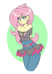 Size: 1080x1541 | Tagged: safe, artist:ambris, fluttershy, dance magic, equestria girls, spoiler:eqg specials, abstract background, adorasexy, beautiful, beautisexy, blushing, breasts, clothes, colored pupils, cute, eye clipping through hair, female, hands behind back, sexy, shoulderless, shyabetes, small breasts, solo, tutu