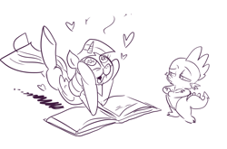 Size: 847x560 | Tagged: safe, artist:jowyb, spike, twilight sparkle, twilight sparkle (alicorn), alicorn, dragon, pony, book, female, heart, mare, monochrome, sketch