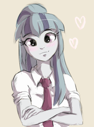 Size: 1009x1365 | Tagged: safe, artist:buttersprinkle, sonata dusk, equestria girls, blushing, clothes, crossed arms, cute, female, heart, looking at you, necktie, school uniform, simple background, solo, sonatabetes