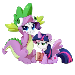 Size: 1200x1200 | Tagged: safe, artist:tomatocoup, rarity, spike, sweetie belle, twilight sparkle, twilight sparkle (alicorn), alicorn, dragon, pony, unicorn, forever filly, annoyed, book, clothes, colored pupils, costume, cute, dragon costume, duo, female, filly, kigurumi, lidded eyes, mare, simple background, sitting, smiling, spike suit, sweetie belle is not amused, transparent background, unamused, wat