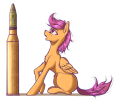 Size: 1500x1200 | Tagged: safe, artist:madhotaru, scootaloo, pegasus, pony, ammunition, cheek fluff, chest fluff, ear fluff, female, filly, fluffy, foal, leg fluff, missing cutie mark, shoulder fluff, simple background, solo, white background