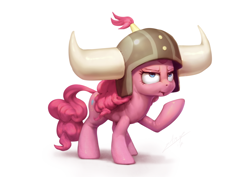 Size: 1200x850 | Tagged: safe, artist:assasinmonkey, pinkie pie, earth pony, pony, not asking for trouble, female, helmet, honorary yak horns, horned helmet, mare, simple background, solo, viking helmet, white background