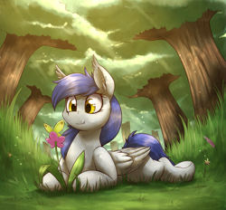 Size: 2199x2039 | Tagged: safe, artist:otakuap, oc, oc only, oc:gabriel, bat pony, butterfly, pony, crepuscular rays, fangs, flower, forest, grass, prone, smiling, solo