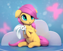 Size: 1000x800 | Tagged: safe, artist:rodrigues404, angel bunny, fluttershy, pegasus, pony, cute, duo, female, filly, filly fluttershy, foal, hnnng, plushie, shyabetes, sitting, younger