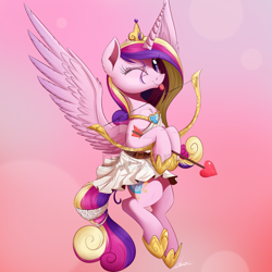 Size: 1280x1280 | Tagged: safe, artist:ncmares, princess cadance, alicorn, pony, :p, arrow, bow (weapon), bow and arrow, cupid, cupidance, cute, cutedance, female, flying, looking at you, mare, one eye closed, smiling, solo, spread wings, tongue out, watermark, weapon, wings, wink