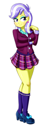 Size: 604x1696 | Tagged: safe, artist:the-butch-x, upper crust, equestria girls, beautiful, clothes, crystal prep academy uniform, ear piercing, earring, eyeshadow, female, jewelry, lidded eyes, makeup, piercing, plaid skirt, school uniform, simple background, skirt, solo, transparent background