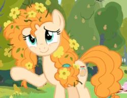 Size: 522x403 | Tagged: safe, screencap, pear butter, pony, the perfect pear, animated, boomerang (tv channel), cropped, cute, flower, flower in hair, gif, messy mane, pear tree, pearabetes, solo, waving