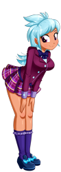 Size: 604x1696 | Tagged: safe, artist:the-butch-x, frosty orange, equestria girls, breasts, clothes, crystal prep academy uniform, cute, female, looking at you, plaid skirt, school uniform, simple background, skirt, smiling, solo, transparent background