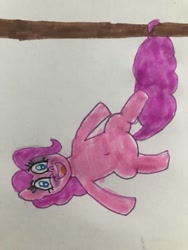 Size: 450x600 | Tagged: safe, artist:whistle blossom, pinkie pie, earth pony, pony, belly button, cute, diapinkes, female, hanging, hanging upside down, looking at you, mare, open mouth, pinkie being pinkie, simple background, smiling, smiling at you, solo, swinging, traditional art, tree, upside down, white background