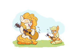 Size: 1800x1200 | Tagged: safe, artist:heir-of-rick, applejack, pear butter, earth pony, pony, the perfect pear, female, guitar, mother and child, mother and daughter, music, parent and child, singing, younger