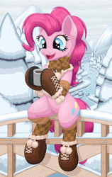 Size: 2180x3440 | Tagged: safe, artist:ohemo, pinkie pie, pony, blue eyes, boots, bridge, brown scart, brown socks, chocolate, clothes, cute, digital art, food, forest, hoof boots, hot chocolate, looking at something, mountain, open mouth, pink coat, pink hair, pink mane, pink tail, plaid, plaid scarf, plaid socks, pom pom (clothes), river, scarf, shoes, sitting, snow, socks, solo, tree, winter