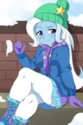 Size: 1200x1800 | Tagged: safe, artist:umejiru, trixie, better together, equestria girls, holidays unwrapped, anime, blushing, boots, clothes, crossed legs, cute, female, gloves, hat, jacket, legs, looking at you, miniskirt, moe, pantyhose, shoes, skirt, socks, solo, thighs