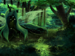 Size: 7200x5400 | Tagged: safe, artist:foughtdragon01, queen chrysalis, changeling, changeling queen, absurd resolution, fangs, female, forest, grass, log, prone, scenery, smiling, solo