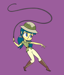 Size: 1542x1800 | Tagged: safe, artist:khuzang, juniper montage, equestria girls, movie magic, spoiler:eqg specials, alternate scenario, boots, clothes, female, good end, hat, pigtails, purple background, shoes, simple background, solo, whip