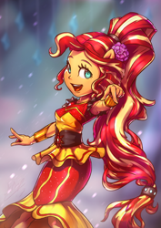 Size: 850x1200 | Tagged: safe, artist:assasinmonkey, sunset shimmer, dance magic, equestria girls, spoiler:eqg specials, armpits, clothes, cute, dancing, dress, female, ponied up, shimmerbetes, solo