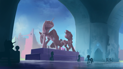 Size: 1920x1080 | Tagged: safe, artist:shamanguli, princess cadance, shining armor, alicorn, pony, unicorn, armor, crystal empire, crystal guard, crystal guard armor, epic, female, helmet, majestic, male, mare, royal guard, scenery, shiningcadance, shipping, silhouette, stallion, statue, straight