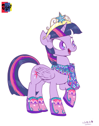 Size: 2127x2712 | Tagged: safe, artist:jowyb, twilight sparkle, twilight sparkle (alicorn), alicorn, pony, boots, clothes, crown, female, mare, open mouth, raised hoof, scarf, solo